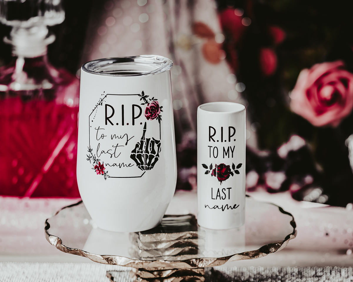 Gothic Bride “R.I.P. to My Last Name” Wine Tumbler &amp; Shot Glass Set