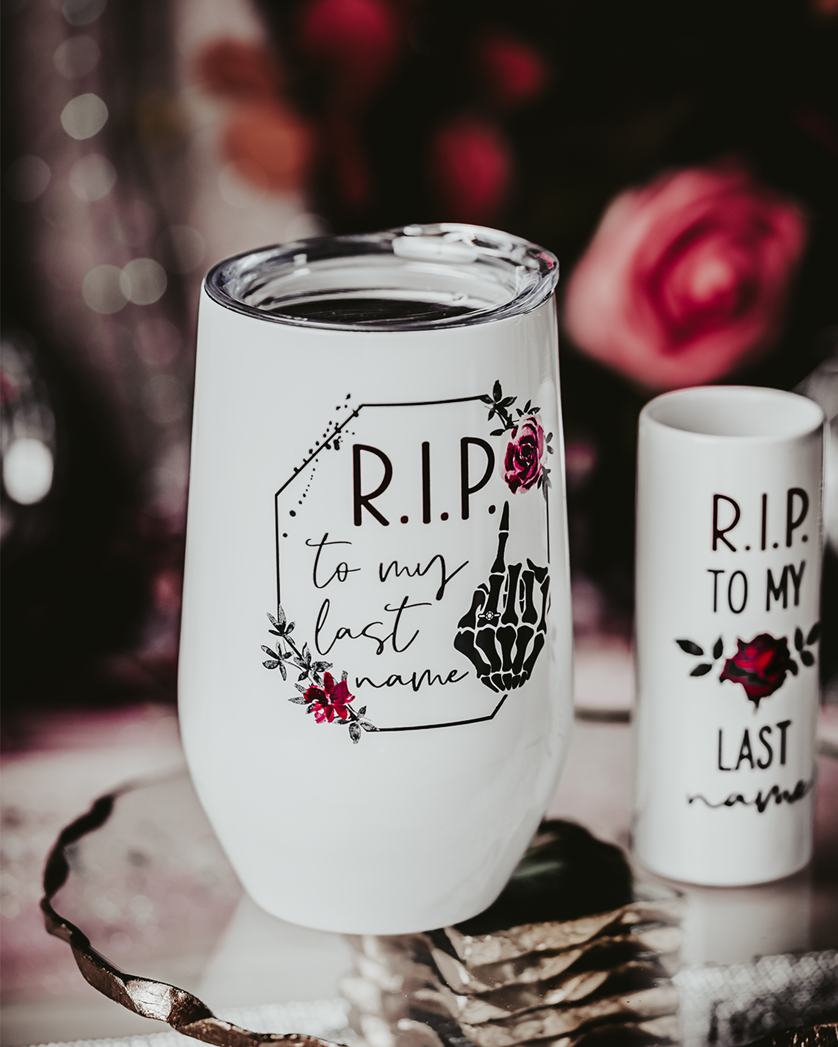 Gothic Bride “R.I.P. to My Last Name” Wine Tumbler & Shot Glass Set