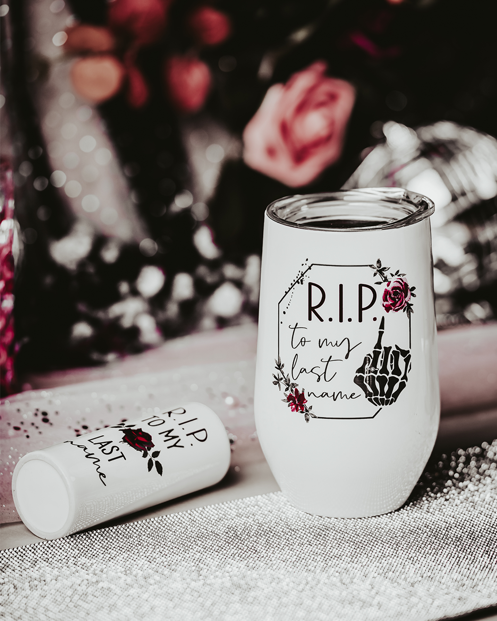 Gothic Bride “R.I.P. to My Last Name” Wine Tumbler & Shot Glass Set