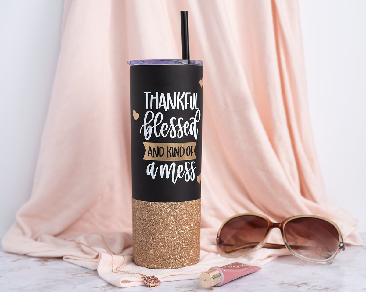 Thankful Blessed and Kind of a Mess Skinny Tumbler