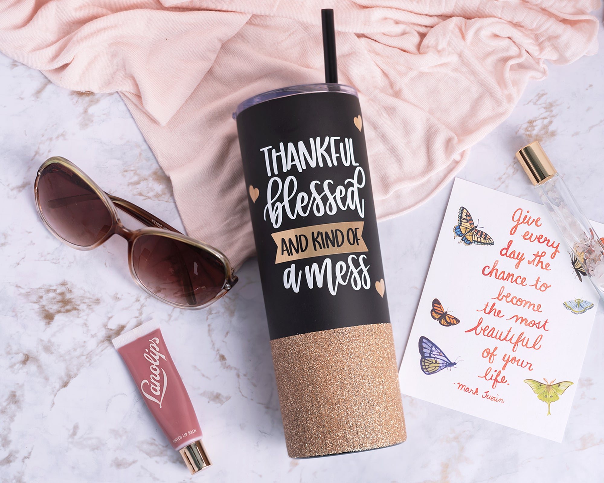 Thankful Blessed and Kind of a Mess Skinny Tumbler